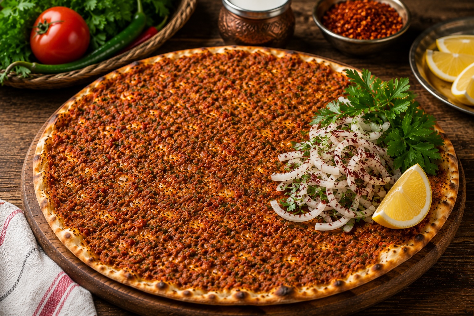 Spicy Adana lahmacun with red pepper paste and pul biber topping