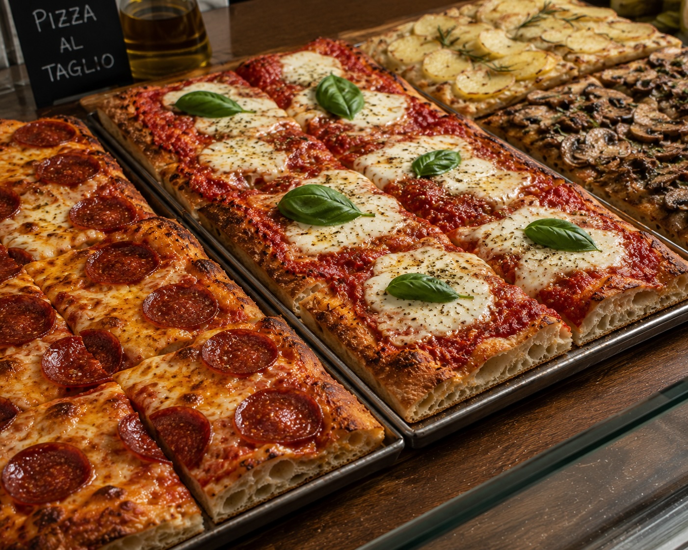 Rectangular pizza al taglio with open airy crumb, tomato and mozzarella