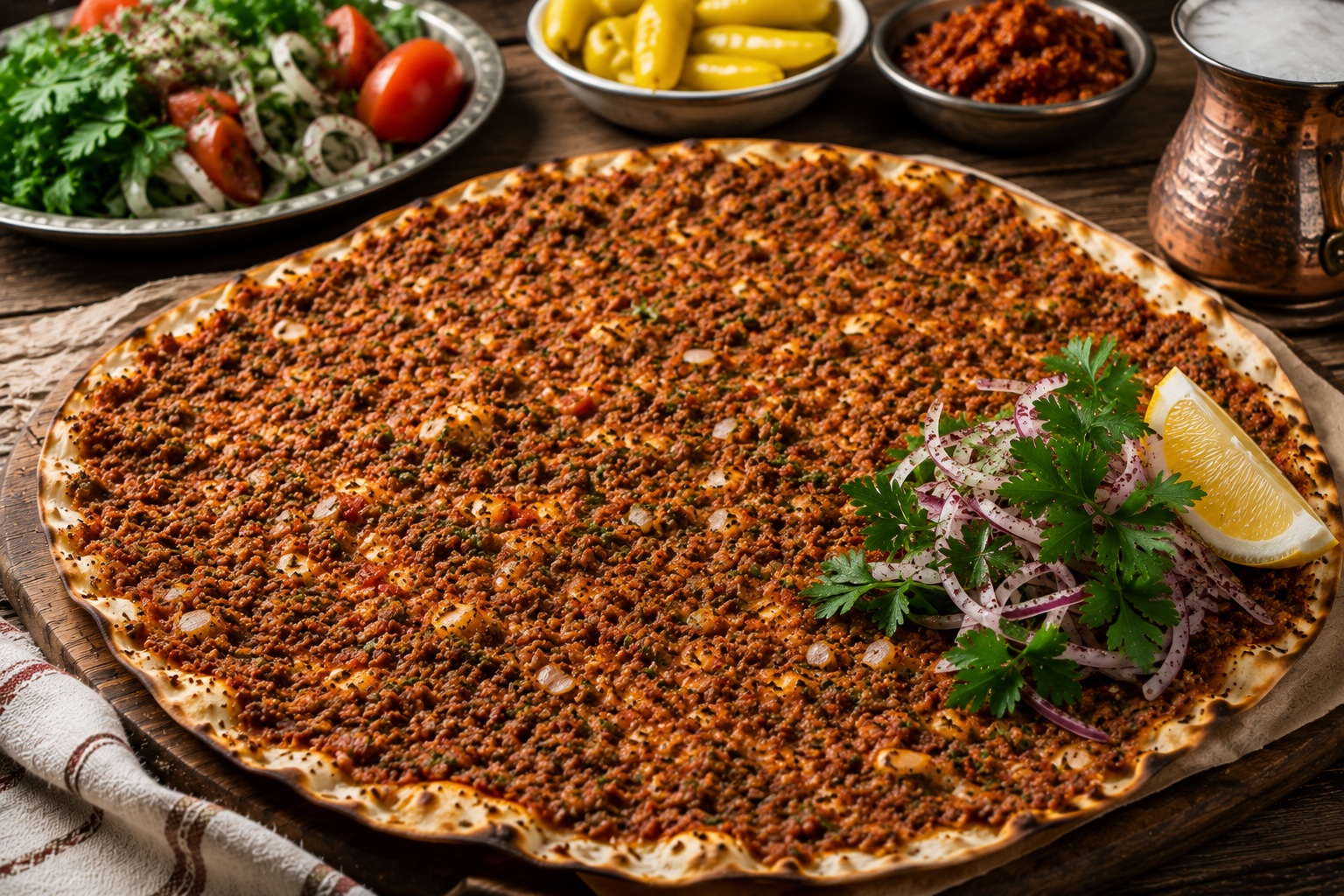 Antakya Hatay lahmacun with pomegranate molasses and mint in the topping
