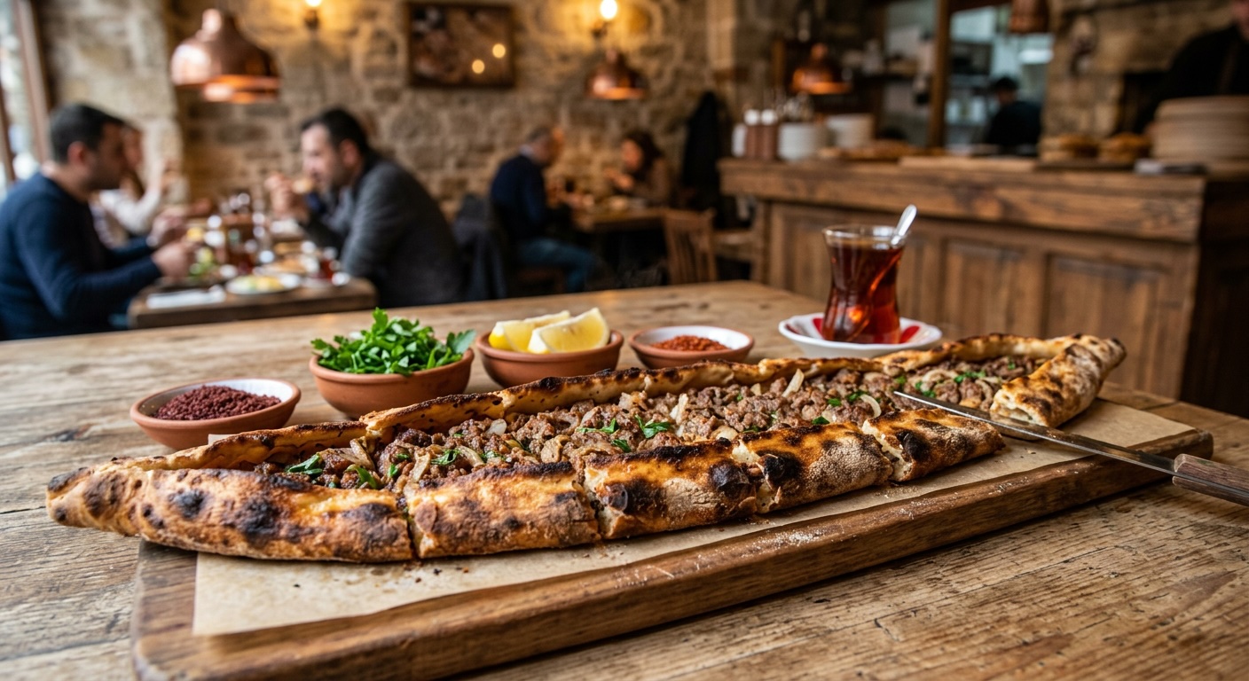 Long, thin, closed Bafra pide with a crisp golden crust