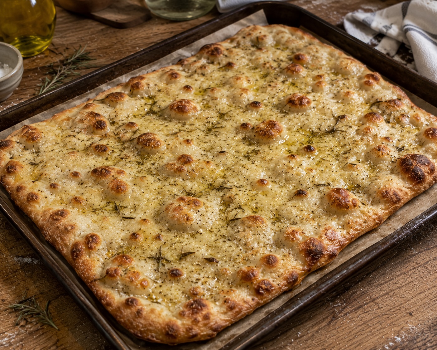 Roman pizza bianca with blistered oily surface and rosemary