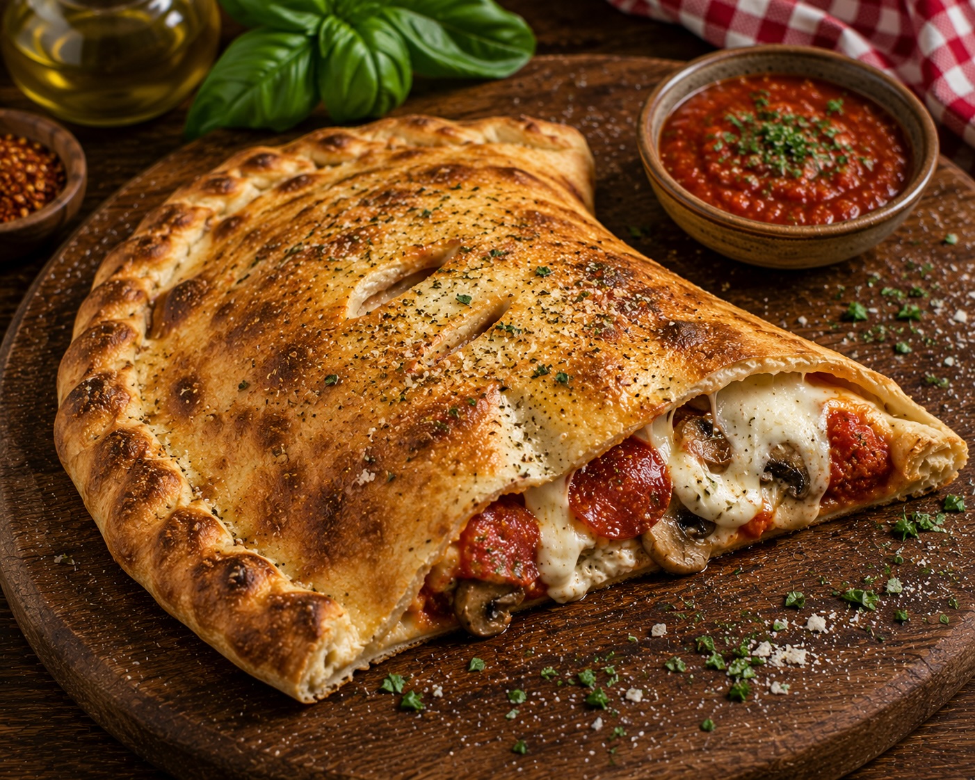 Blistered Neapolitan calzone on a pizza stone with sealed edge and tomato on top