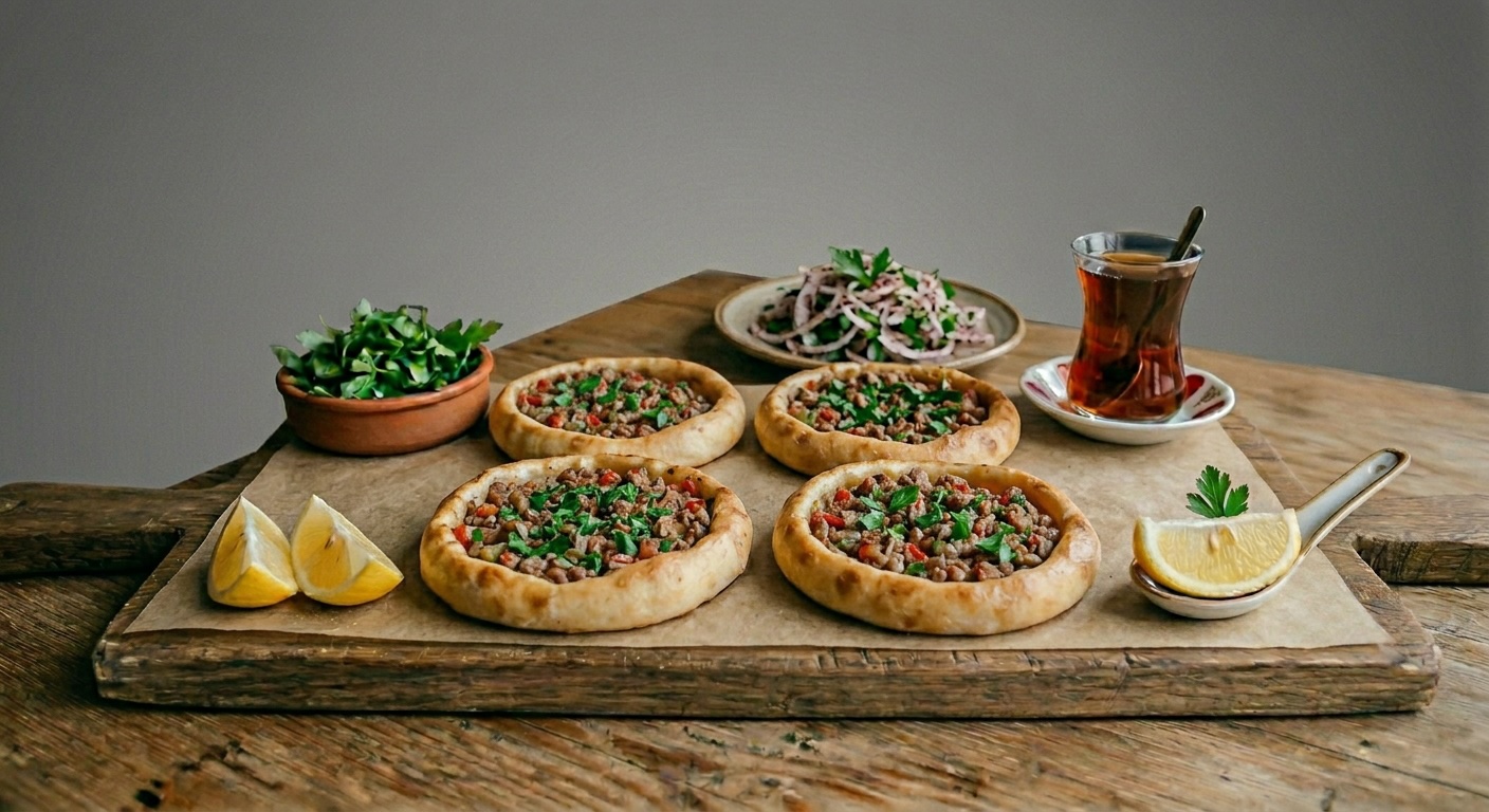 Small round Bursa cantık pide with puffy edges and a minced-meat center