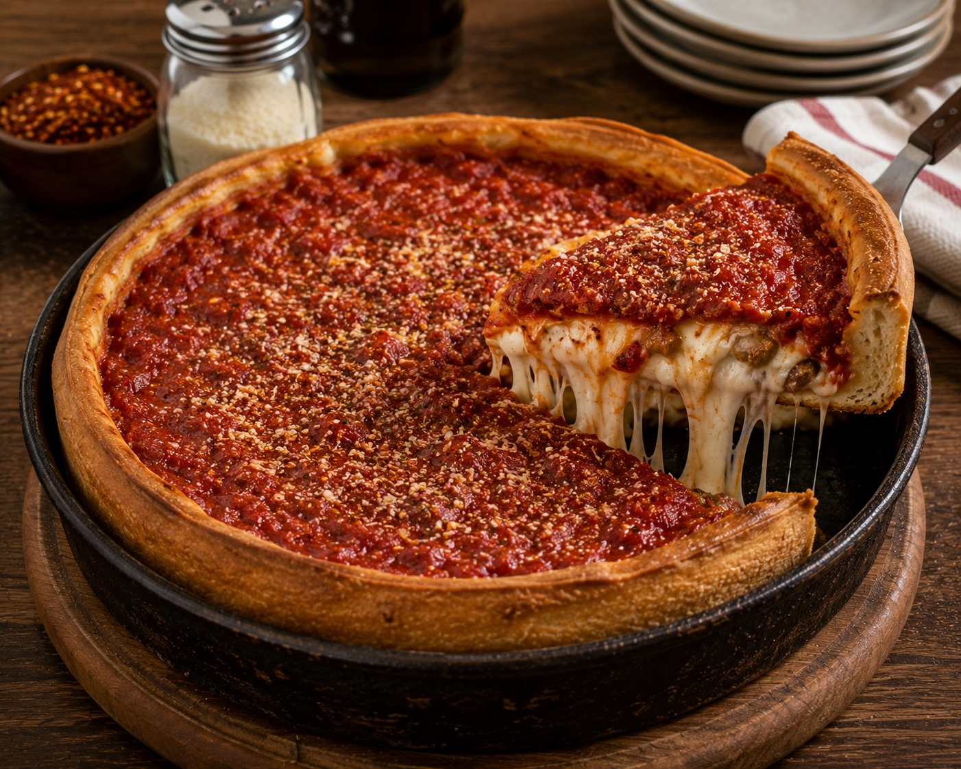 Chicago deep dish pizza in a deep pan with thick tomato sauce on top
