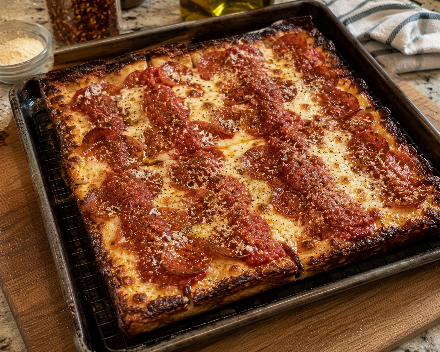 Detroit style pizza with caramelized cheese edges and red sauce stripes on top