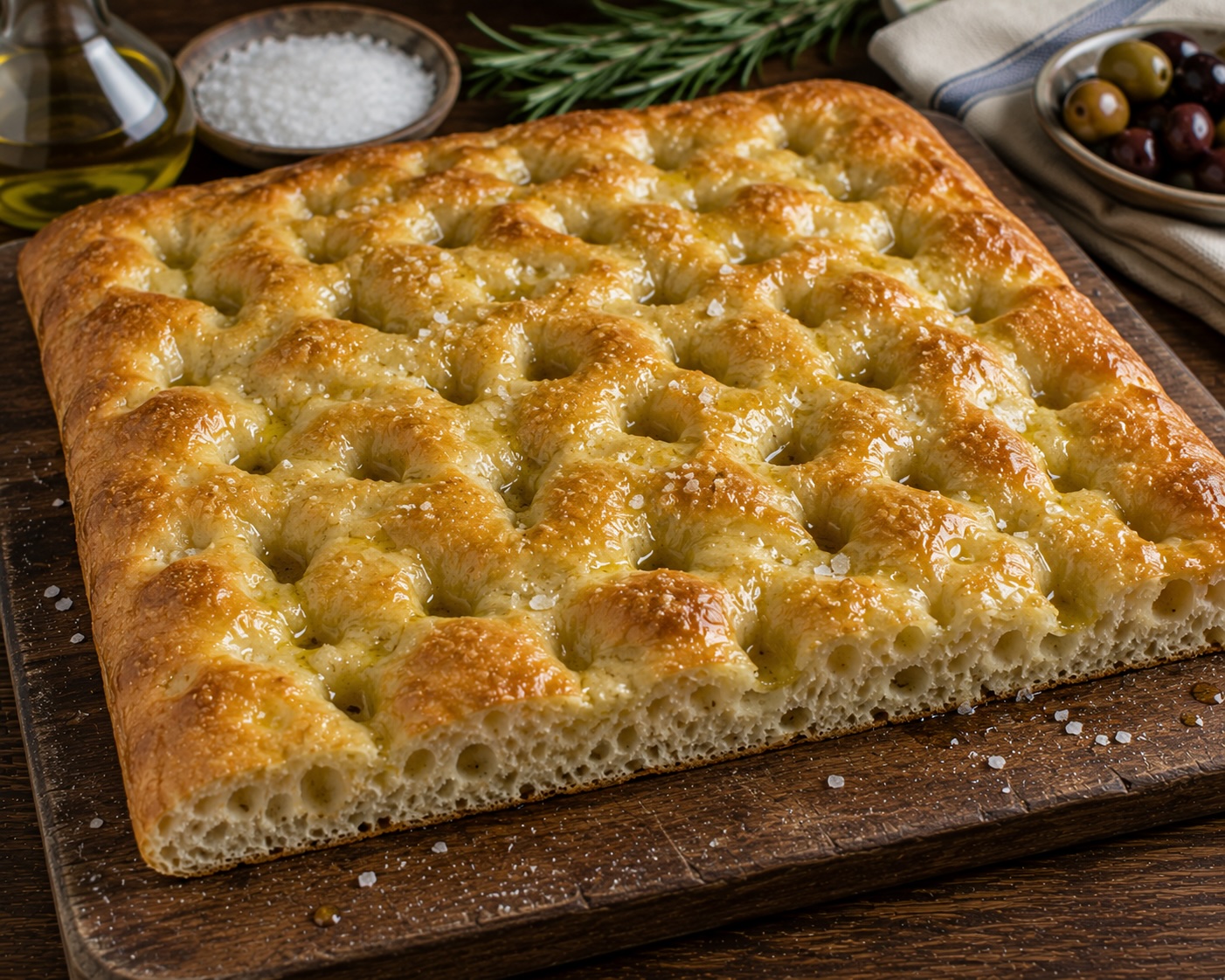 Focaccia genovese with golden ridged surface, olive-oil pools and coarse salt