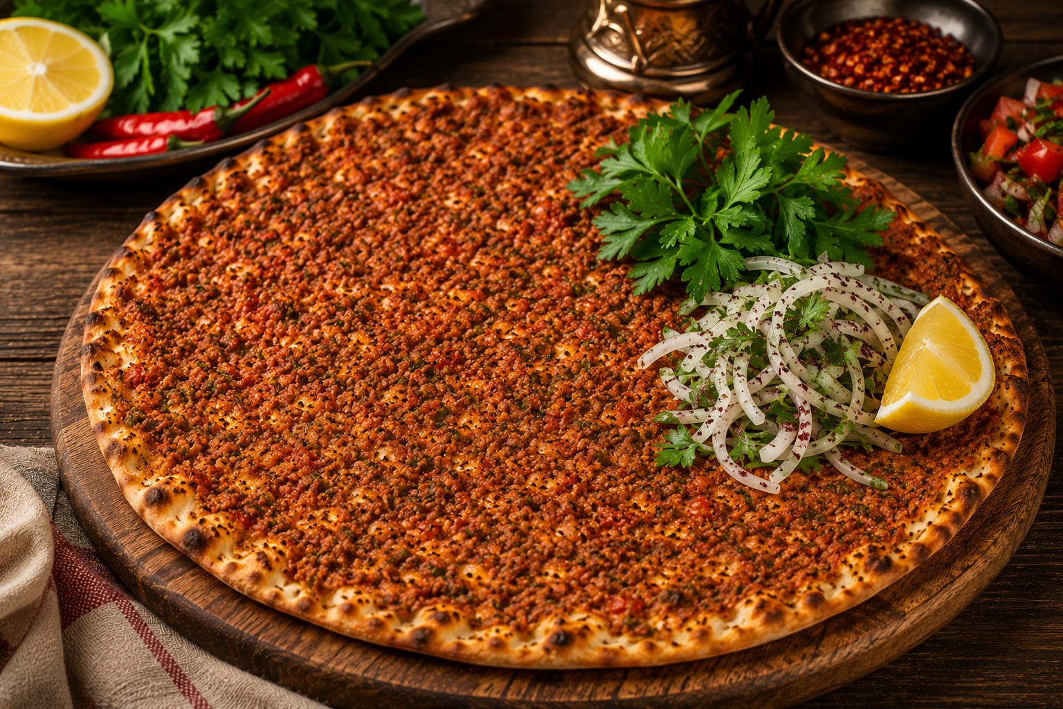 Gaziantep lahmacun with tomato paste, pepper paste and ground walnut topping
