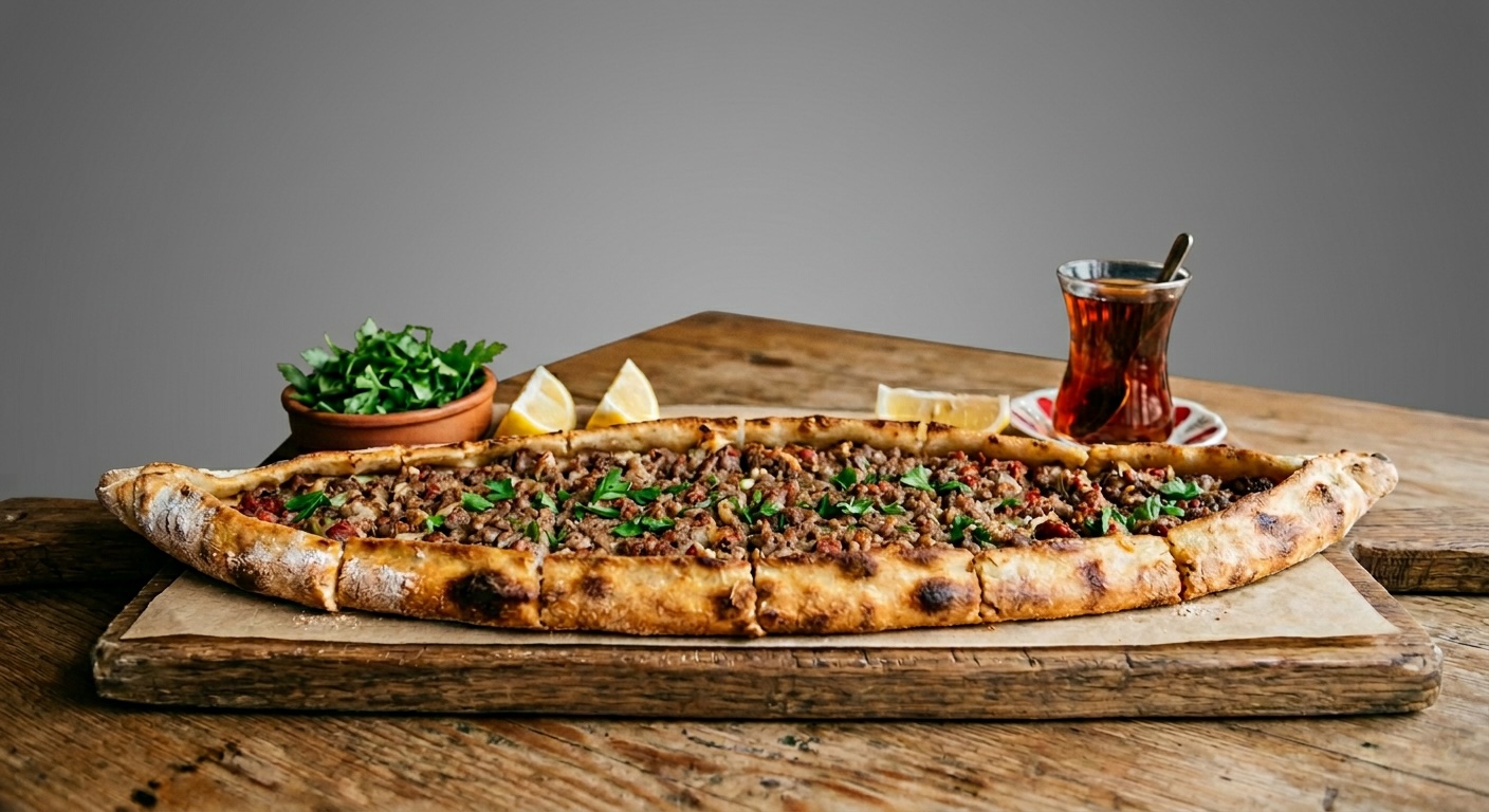 Long Görele pide with sealed ends, open center, butter and a soft egg
