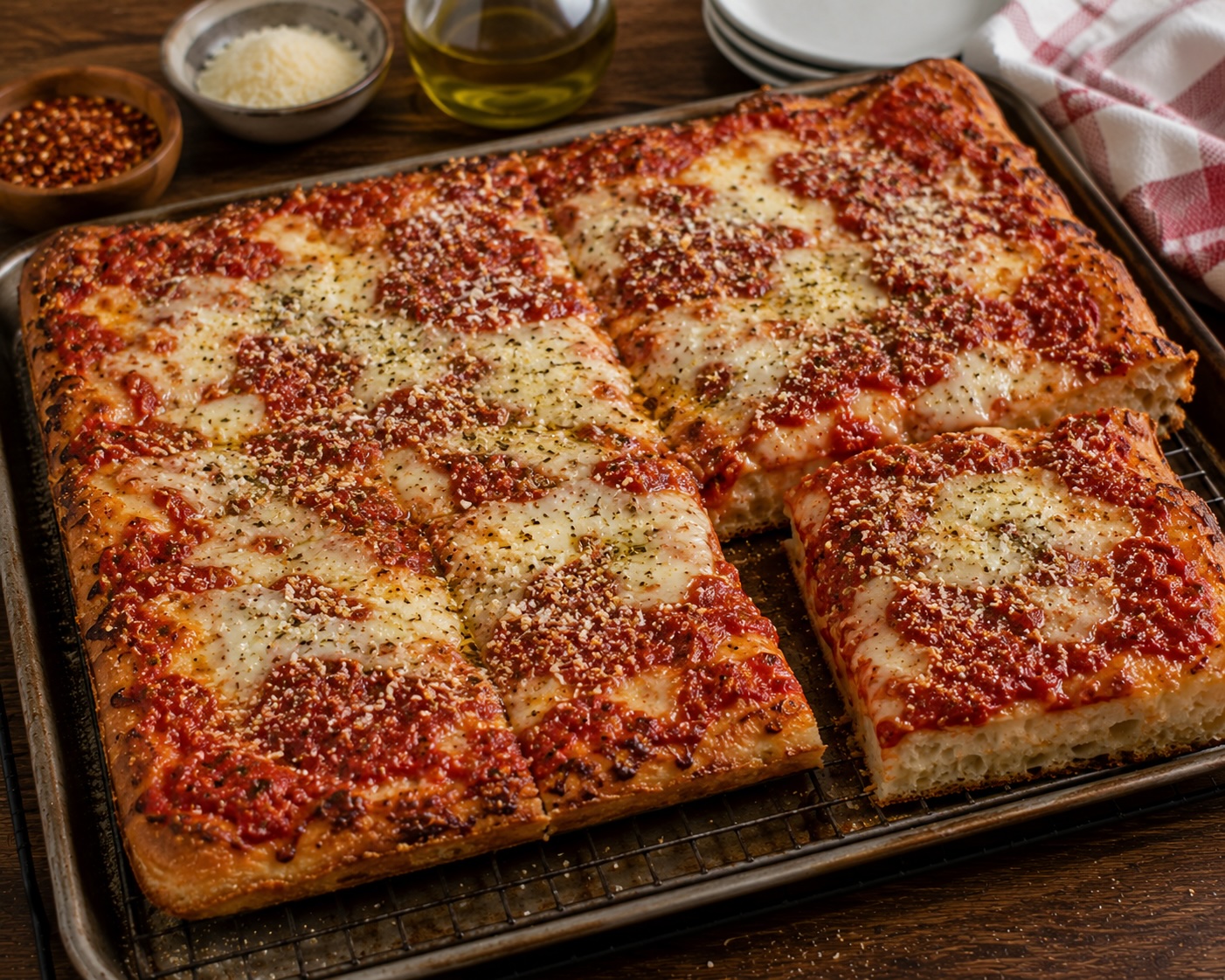 Square grandma-style pizza with blistered cheese and tomato patches on an oily base