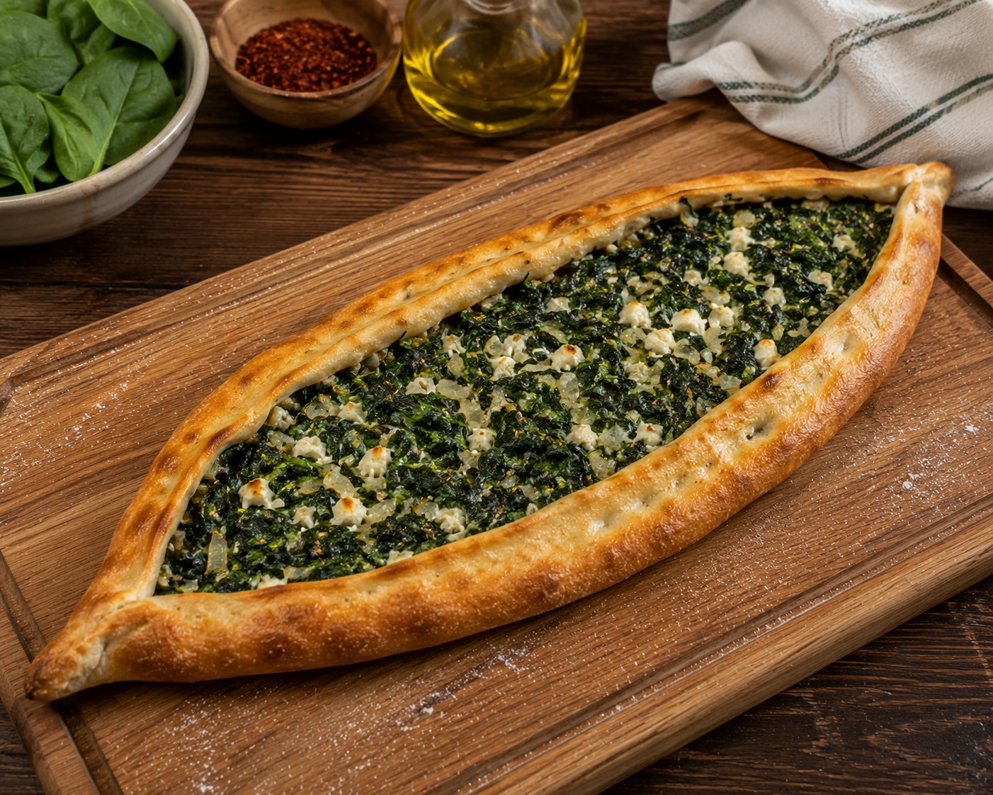 Open boat ispanaklı pide with wilted spinach, white cheese and a soft egg center