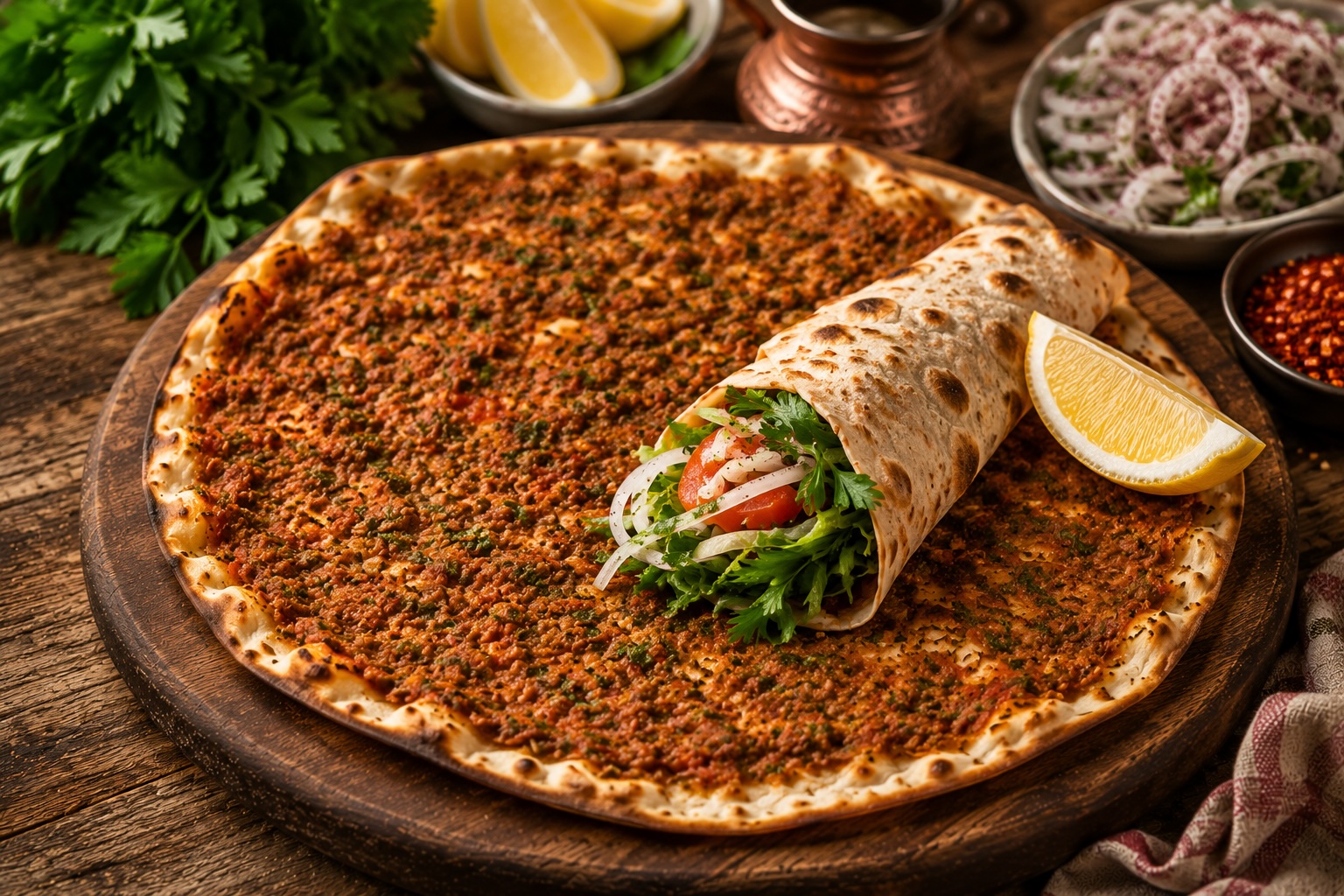 Round paper-thin Istanbul lahmacun with spiced minced meat covering the surface