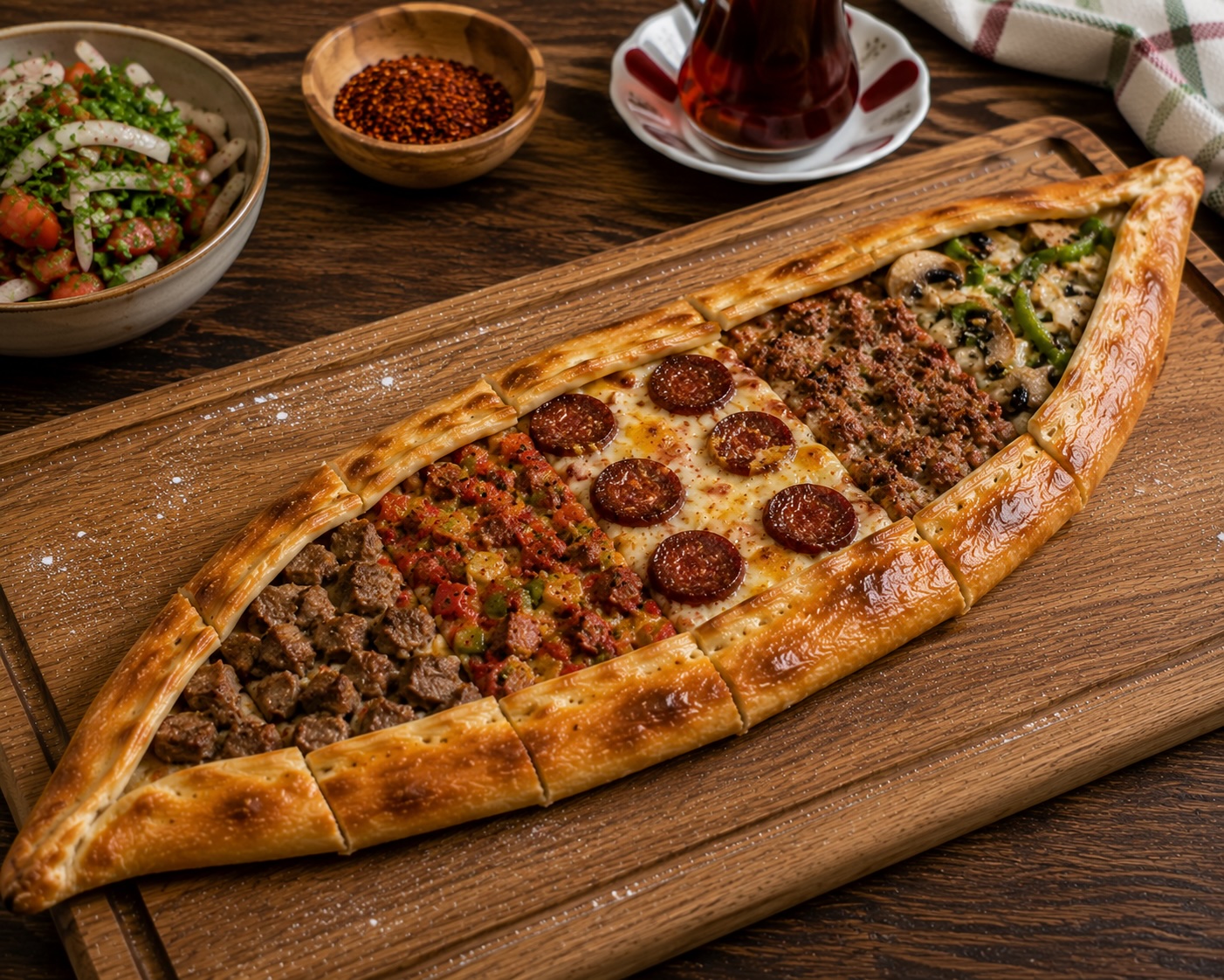 Open boat karışık pide with distinct zones of mince, kaşar and sucuk