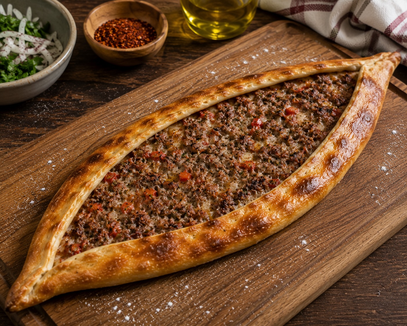 Long tapered Kayseri pide with pastırma slices and melted kaşar