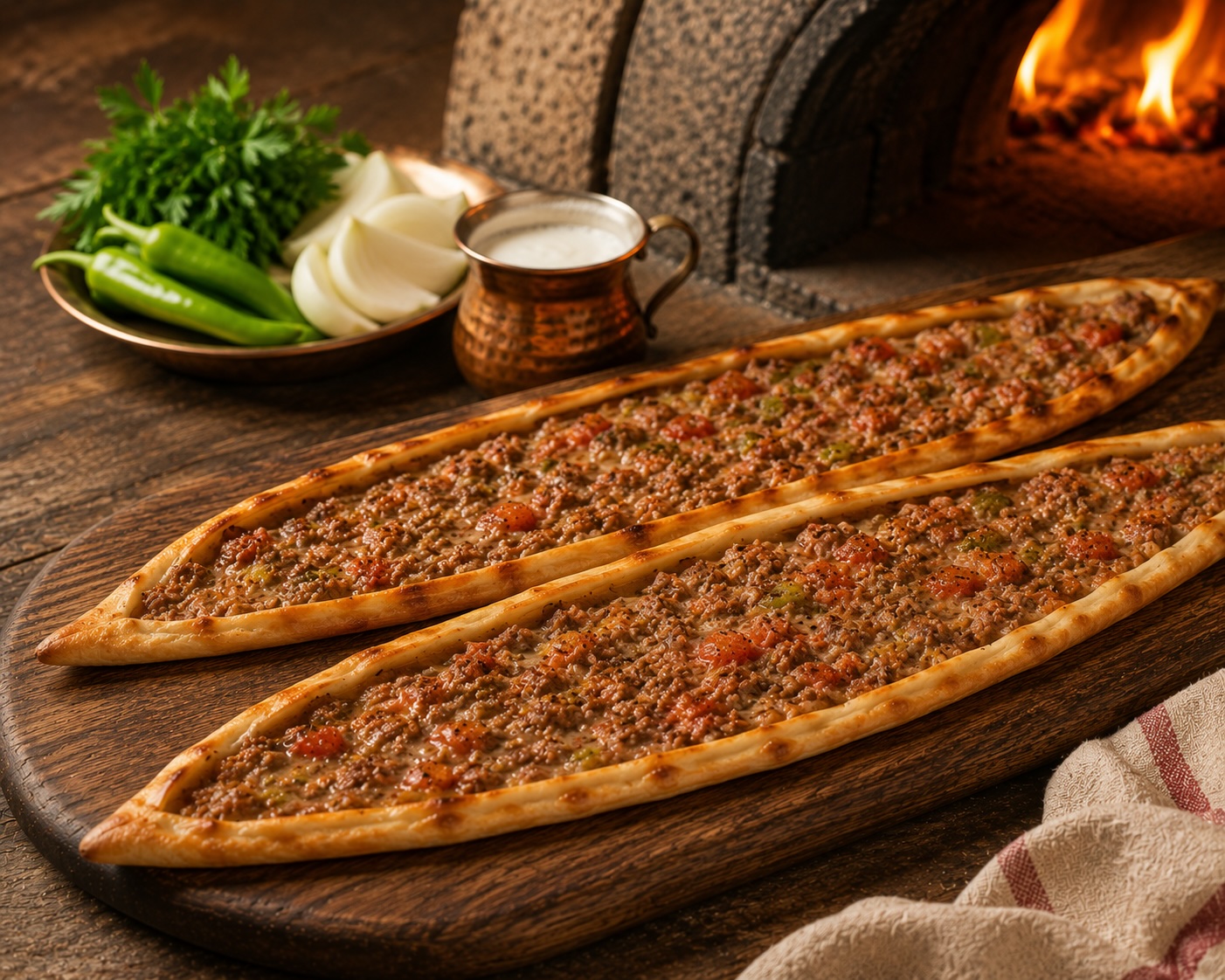 Very long thin Konya etli ekmek topped with a thin layer of minced meat