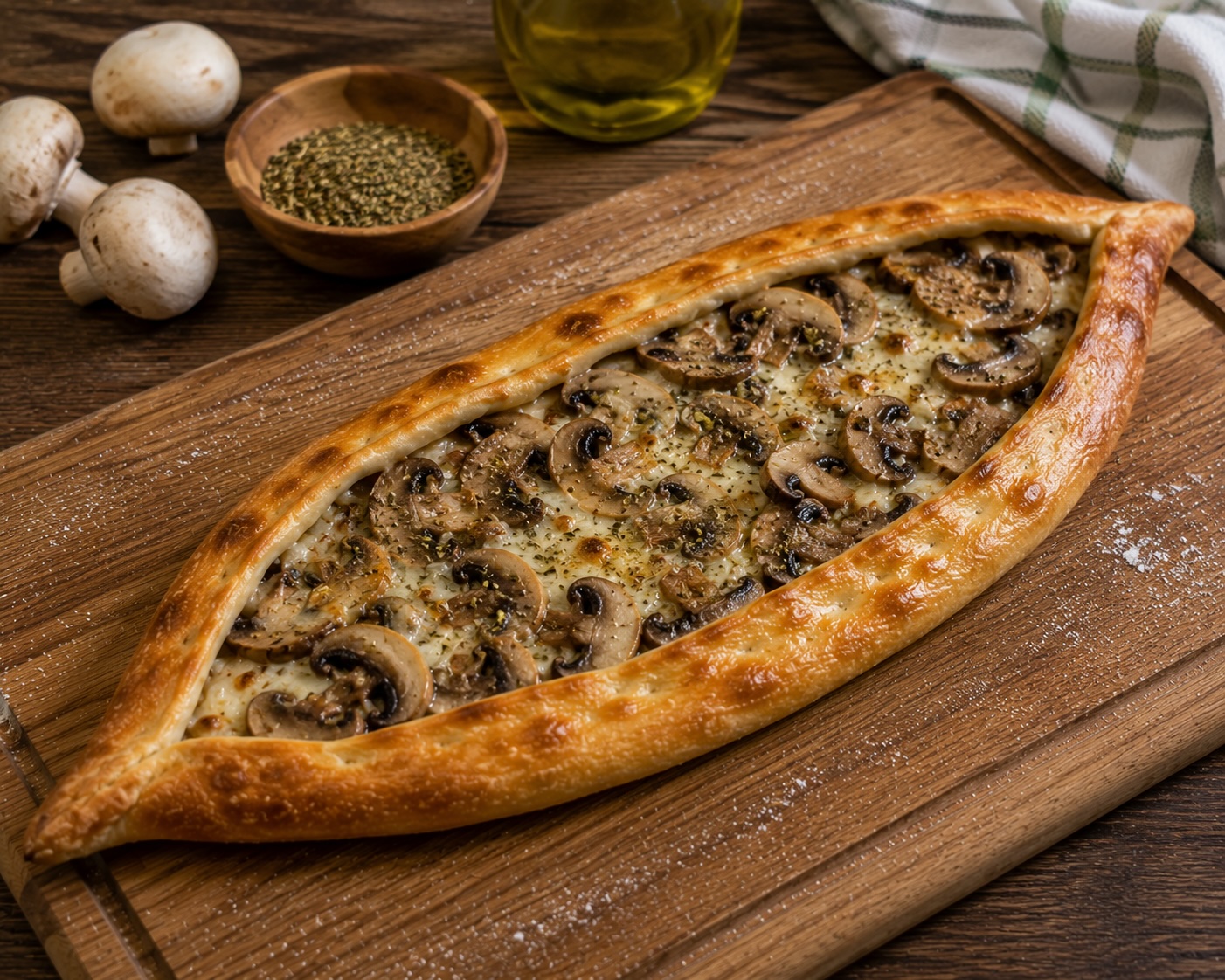 Open boat mantarlı pide with sautéed mushrooms and melted kaşar