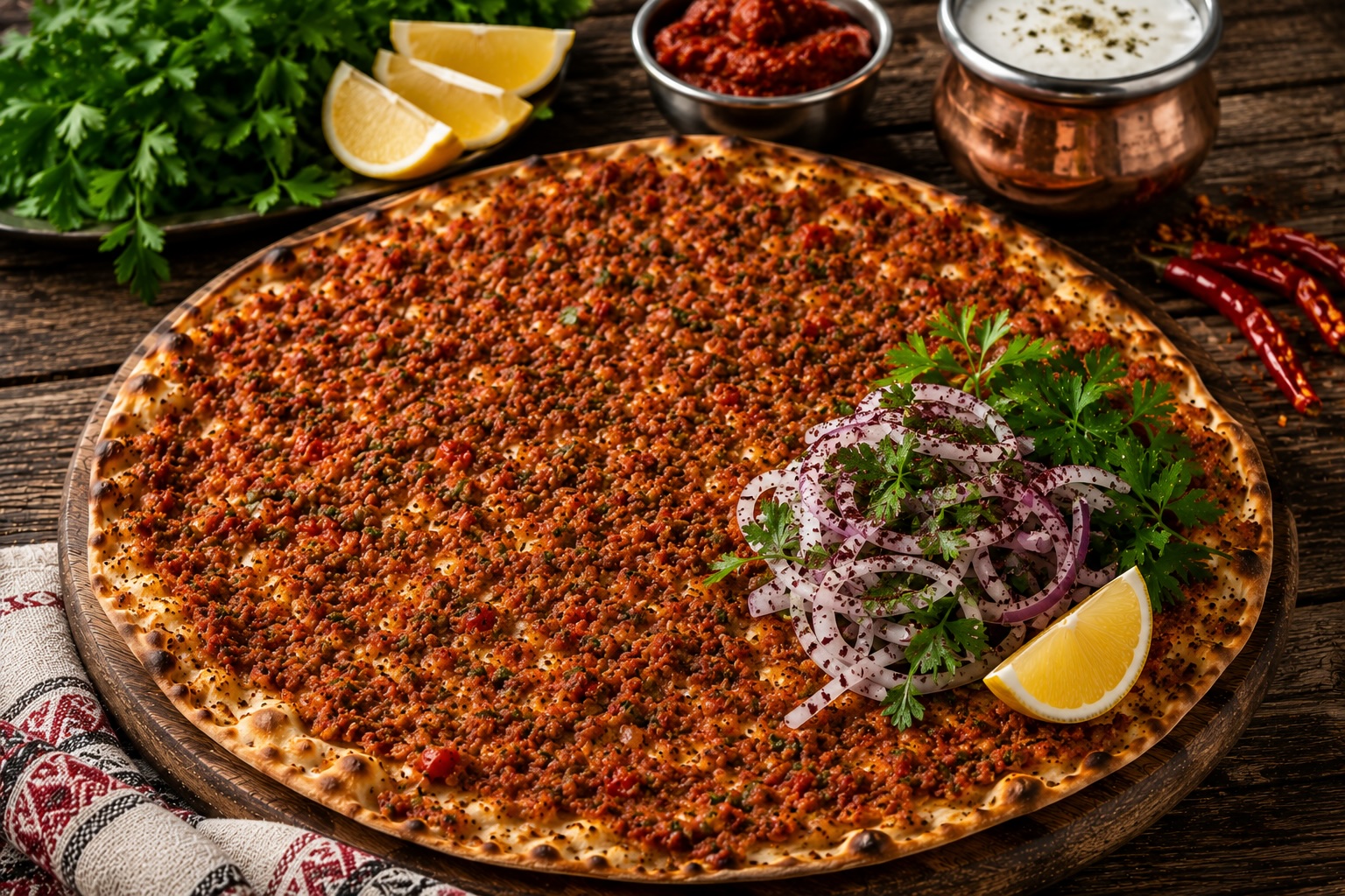 Maraş lahmacun with rich red Maraş biber meat paste