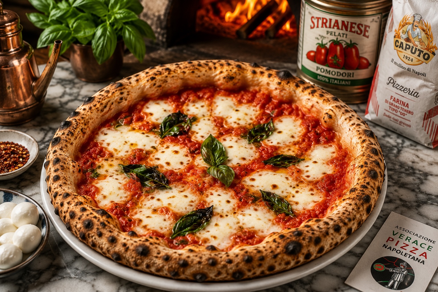 Neapolitan Margherita pizza with blistered cornicione and fresh basil