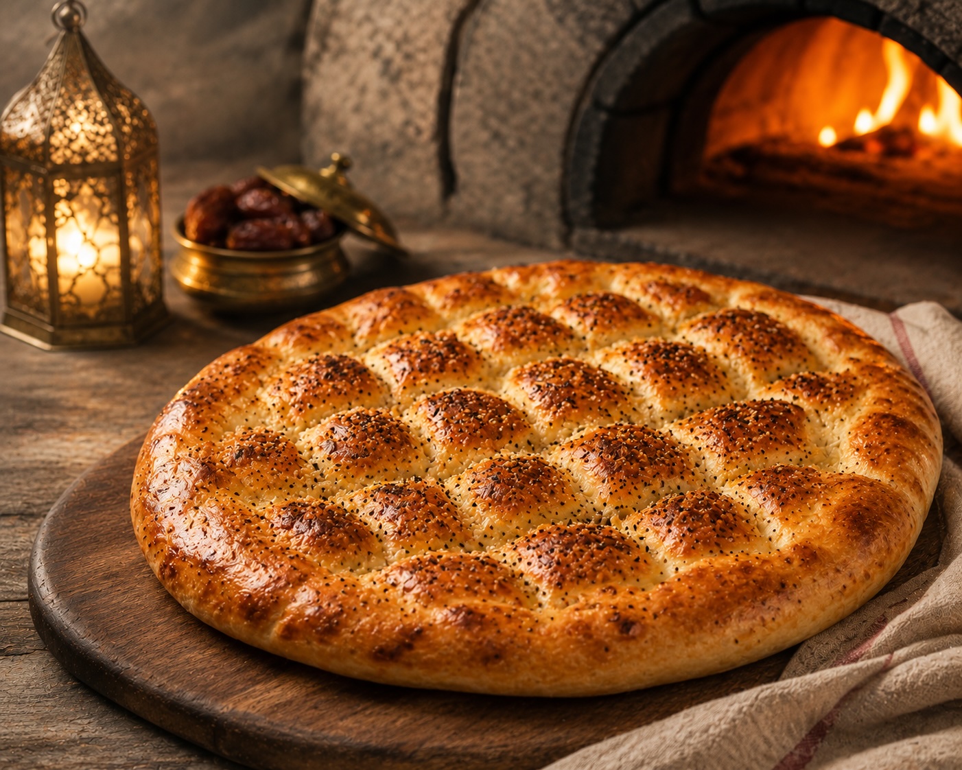 Round dimpled Ramazan pide with sesame and nigella seeds