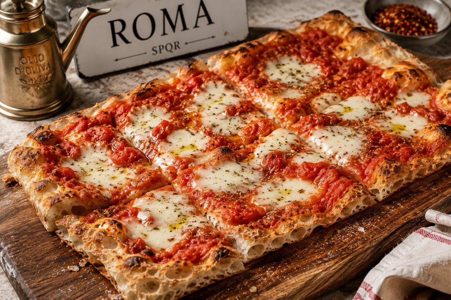 Thin crispy Roman pizza with a uniform crunch from edge to center
