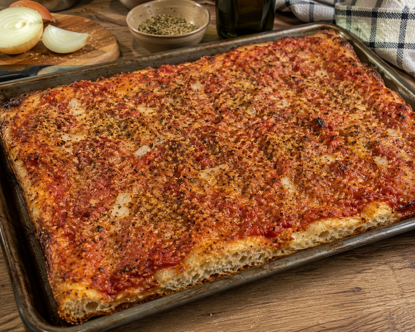 Rectangular Sicilian sfincione with breadcrumb crust and anchovy topping