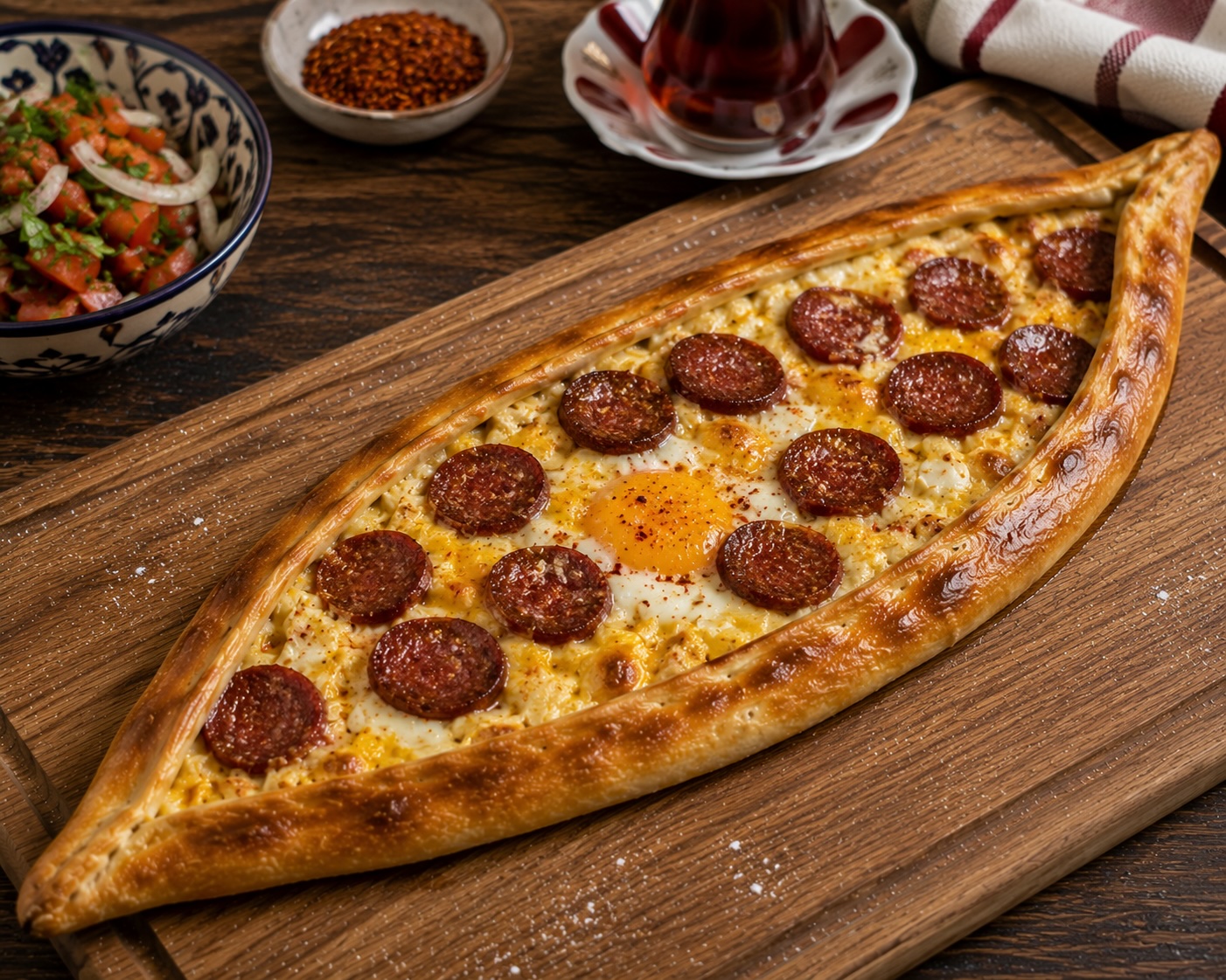 Open boat sucuklu yumurtalı pide with crispy sucuk, melted kaşar and a soft egg