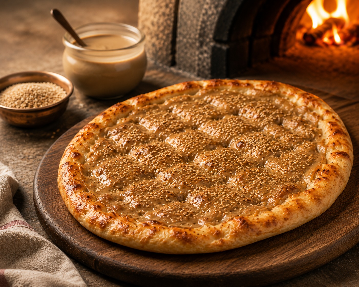 Round tahinli pide with a caramelized sweet tahini surface