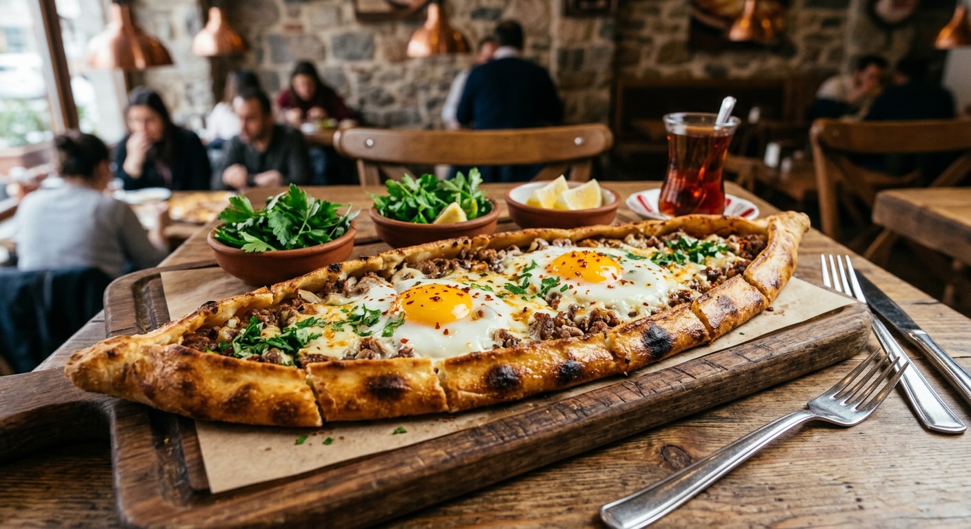 Open boat-shaped Trabzon pide with melted cheese and a soft egg in the center