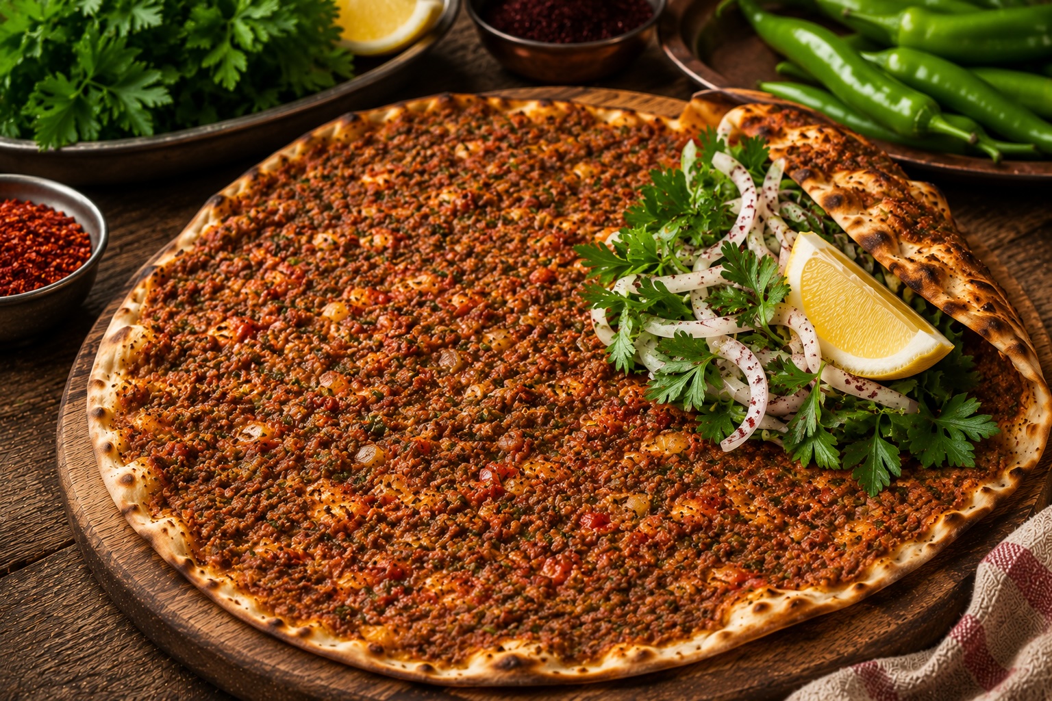 Dark rich Urfa lahmacun with isot pepper meat paste